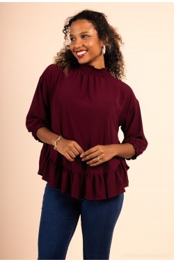 Blouse évasée col haut bordeaux