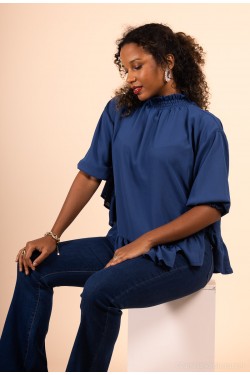 Blouse évasée col haut bleu bleu indigo