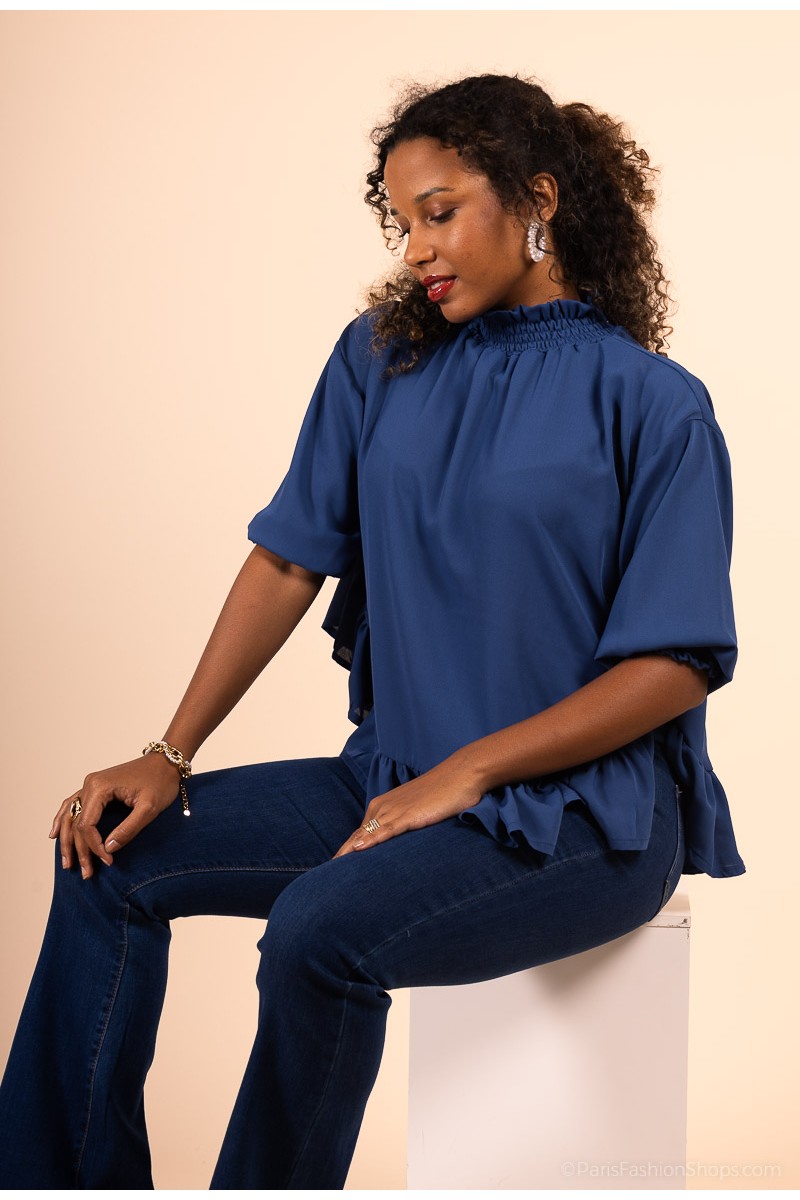 Blouse évasée col haut bleu bleu indigo