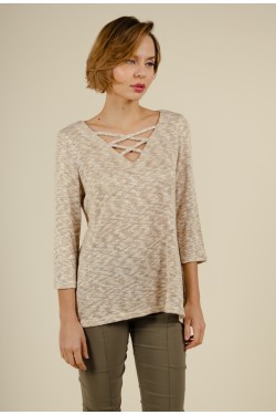 Pull Uni à Manches 3/4 avec Col V beige