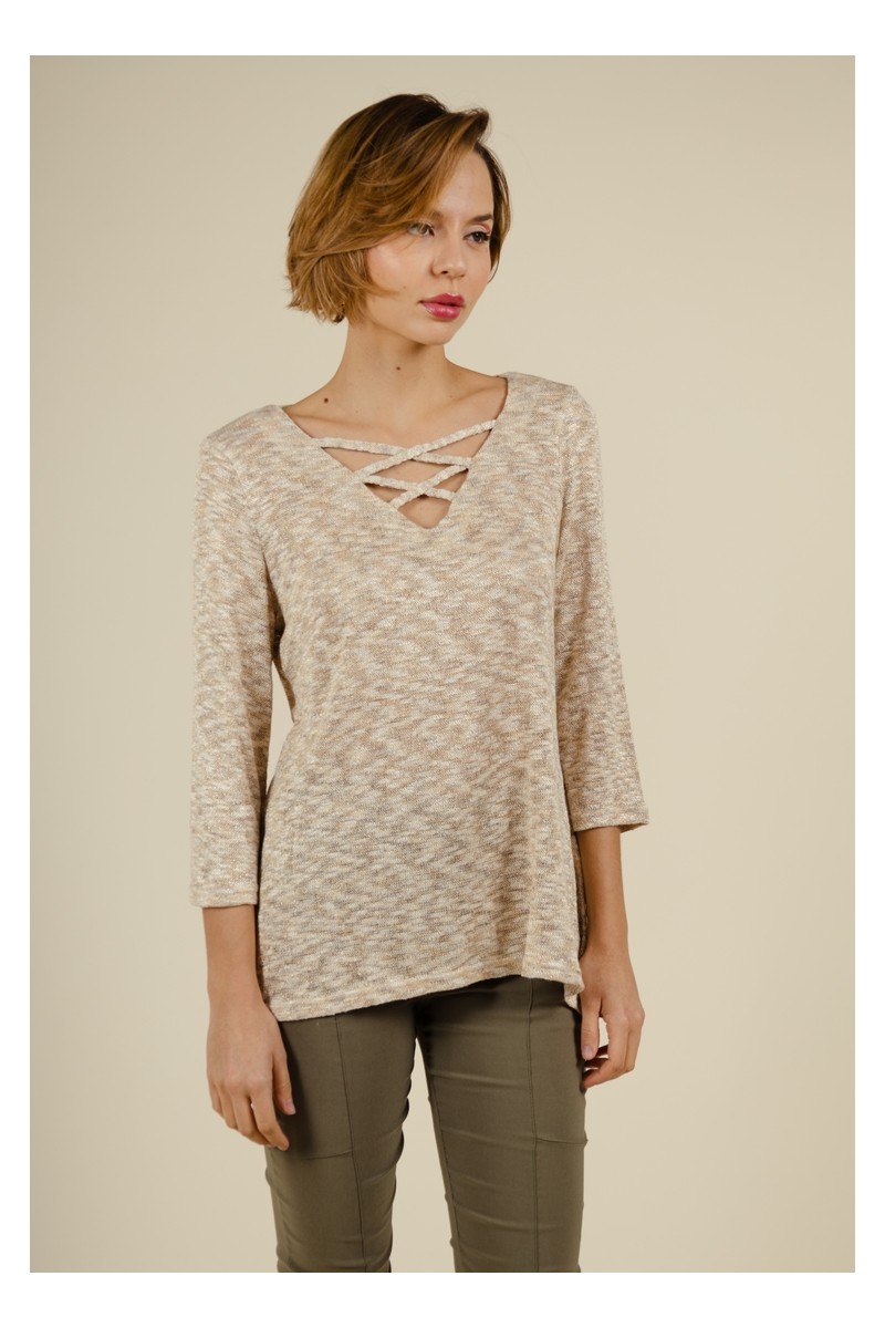 Pull Uni à Manches 3/4 avec Col V beige