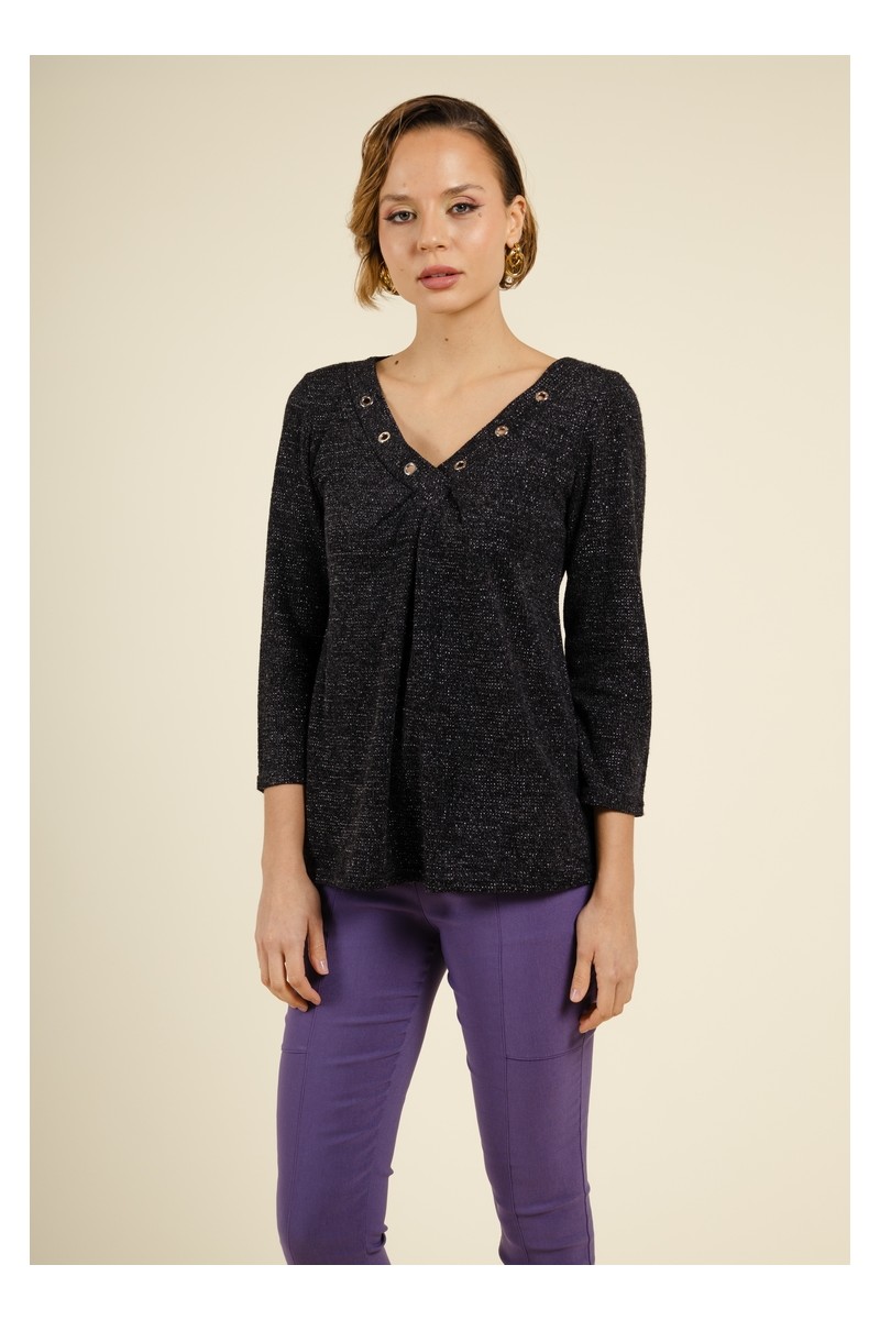 Pull en maille manches 3/4 scintillant noir