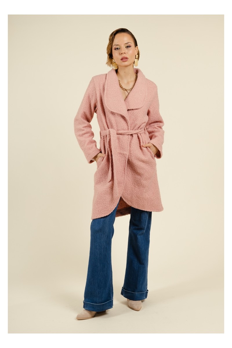 Manteau rose Long Ouvert avec Poches et Ceinture en Bouclette