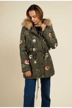 Manteau kaki brodé de fleurs avec capuche en fourrure beige