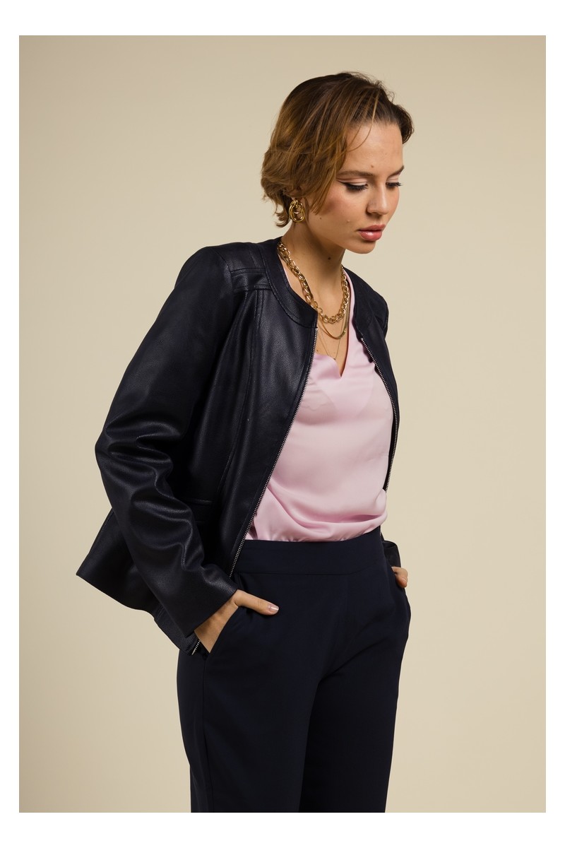 Veste Cintrée en Faux Cuir marine