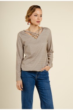 Top manche longue fluide beige imprimé