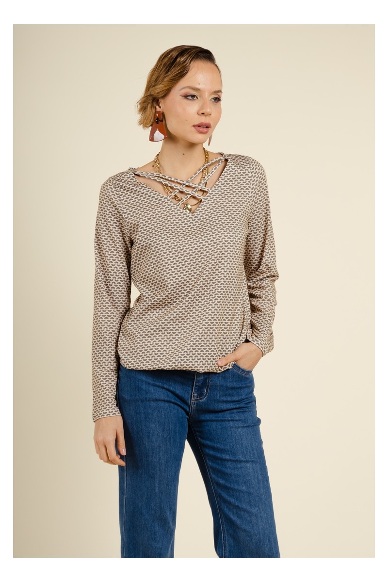 Top manche longue fluide beige imprimé