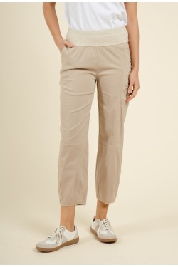 Pantalon en coton beige taille haute élastiquée