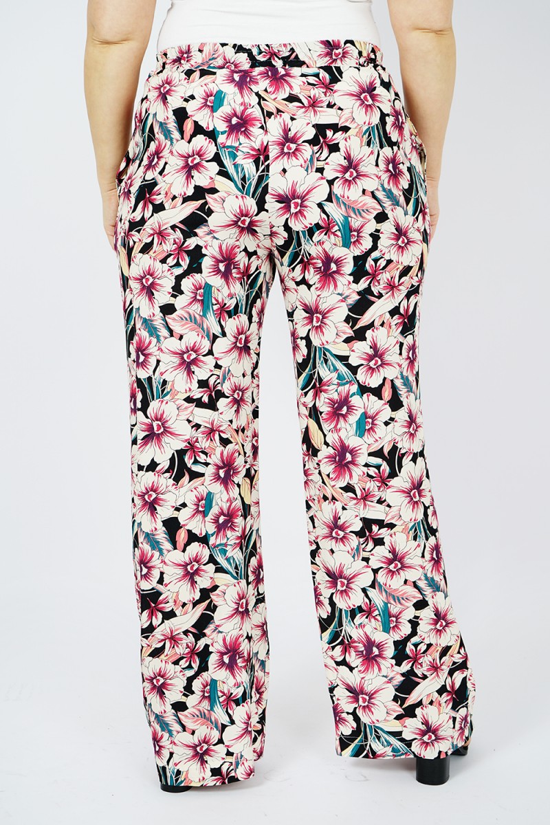 pantalons noirs fluides imprimés floraux pour femme.