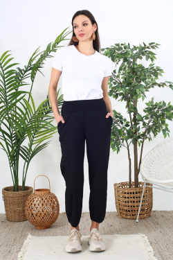 Pantalon en coton noir taille haute élastiquée