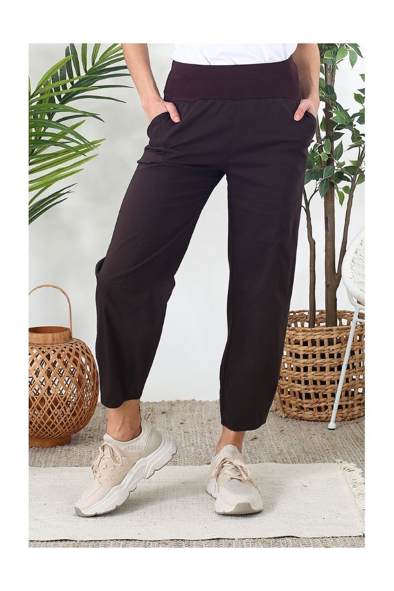 Pantalon en coton choco taille haute élastiquée