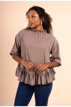 Blouse évasée col haut taupe