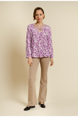 Top manches longues fluide violet imprimé de fleurs