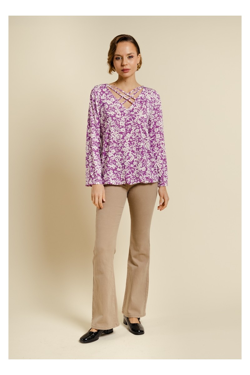 Top manches longues fluide violet imprimé de fleurs
