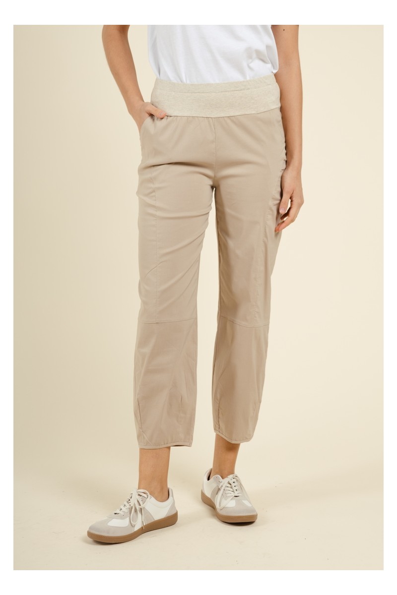 Pantalon en coton beige taille haute élastiquée