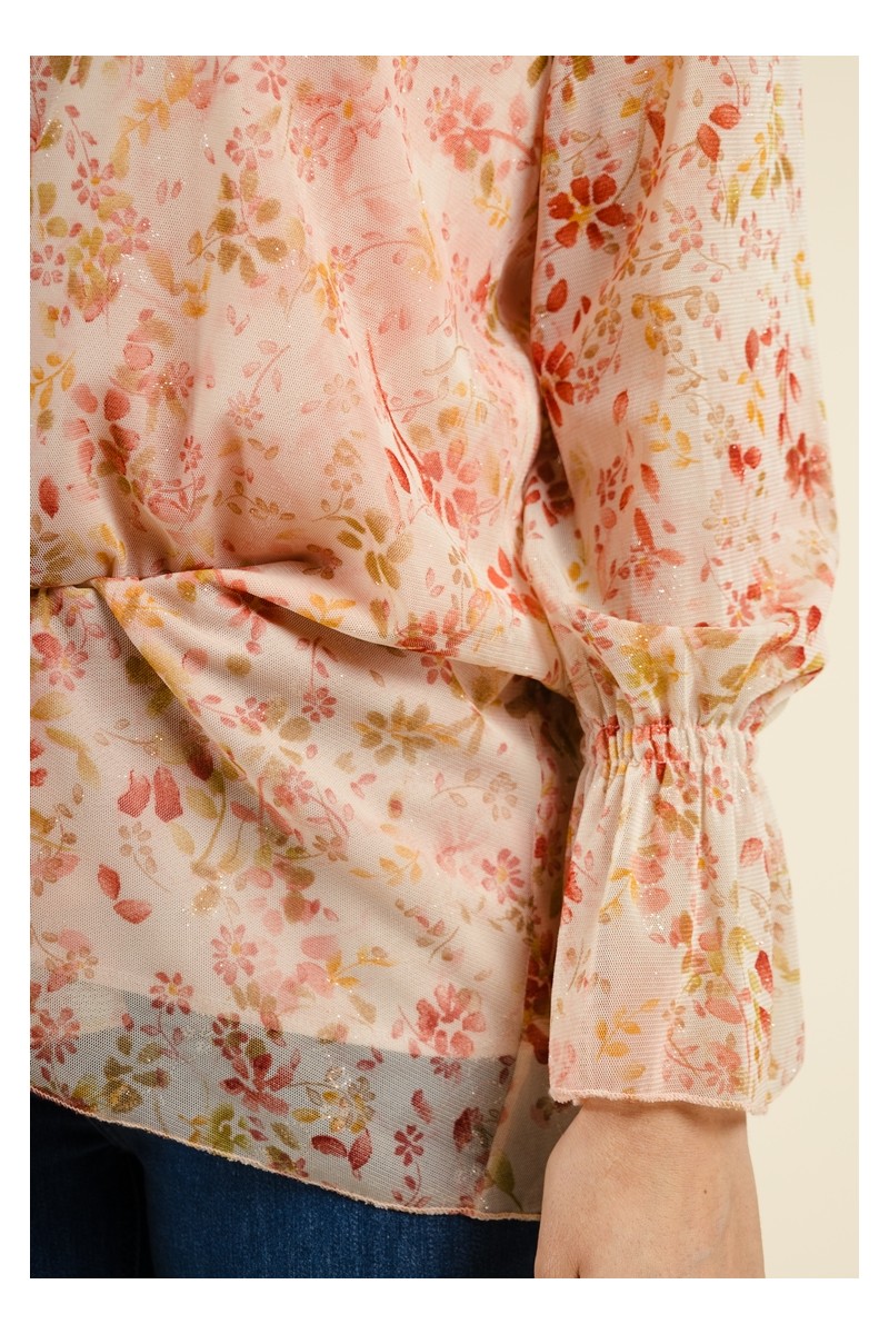 Top rose à imprimés floraux et manches resserrés