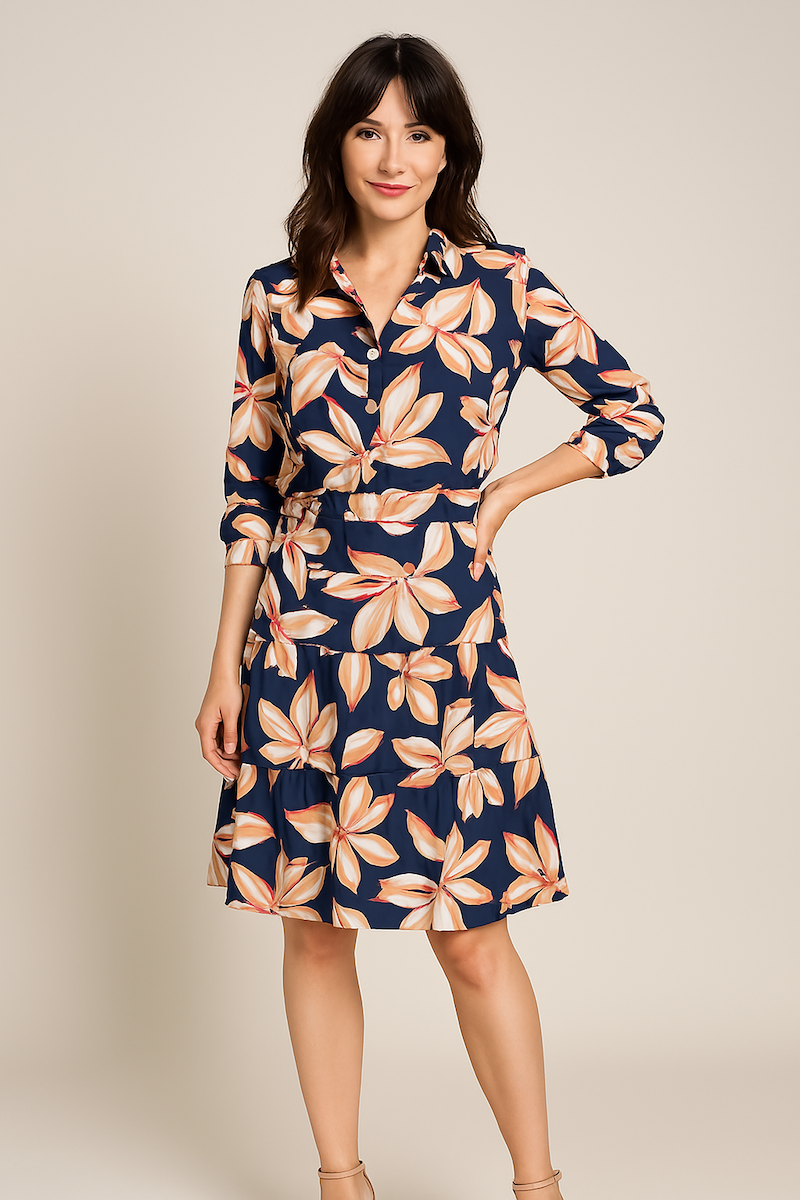 Robe chemise mi-longue à motifs floraux – Élégance marine Made in France