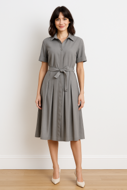 Robe grise mi-longue femme à col montant, manches courtes et ceinture