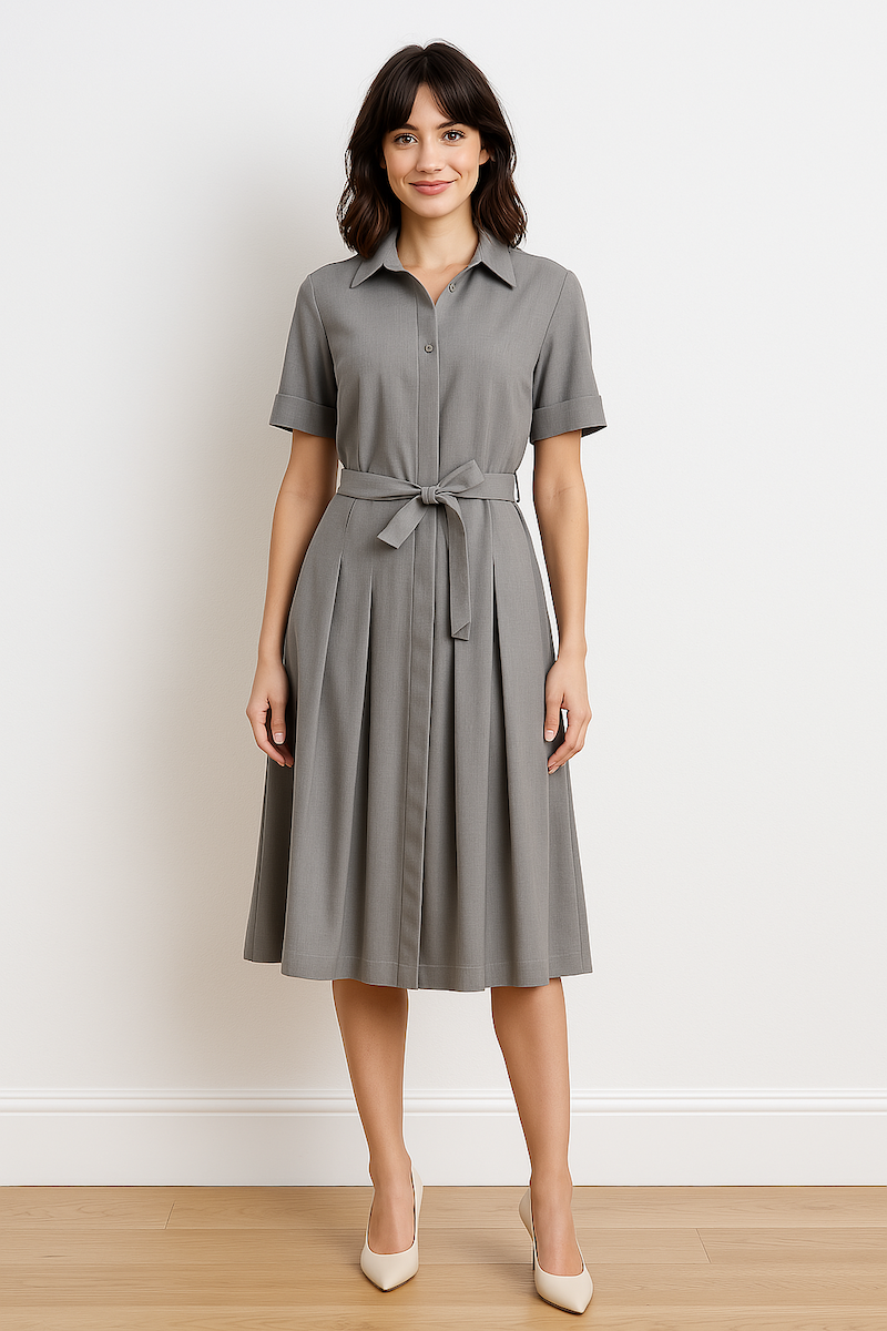 Robe grise mi-longue femme à col montant, manches courtes et ceinture