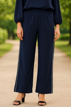 Pantalon marine femme coupe droite fluide avec bandes blanches – Fabriqué en France