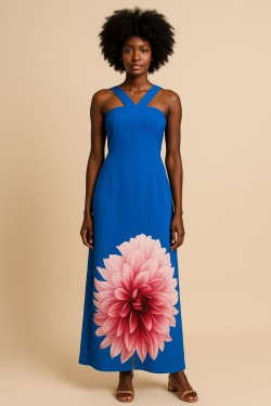 Robe Longue à Motif Floral – Encolure croisée élégante