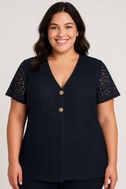 Gilet en Dentelle Bleu Marine à Manches Courtes – Elégance Floral