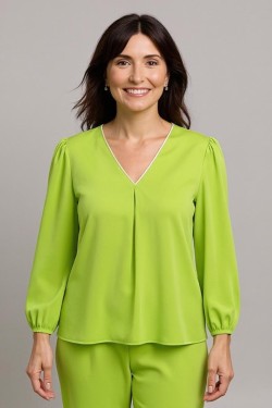 Tunique pistache femme fluide col V manches longues bouffantes – Look chic et contemporain