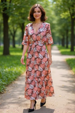 Robe Longue à Imprimé Tropical, Col V, Manches 3/4, Corail et Blanc, Style Bohème