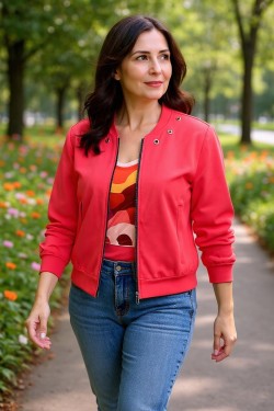 Blouson zippé rose à œillets