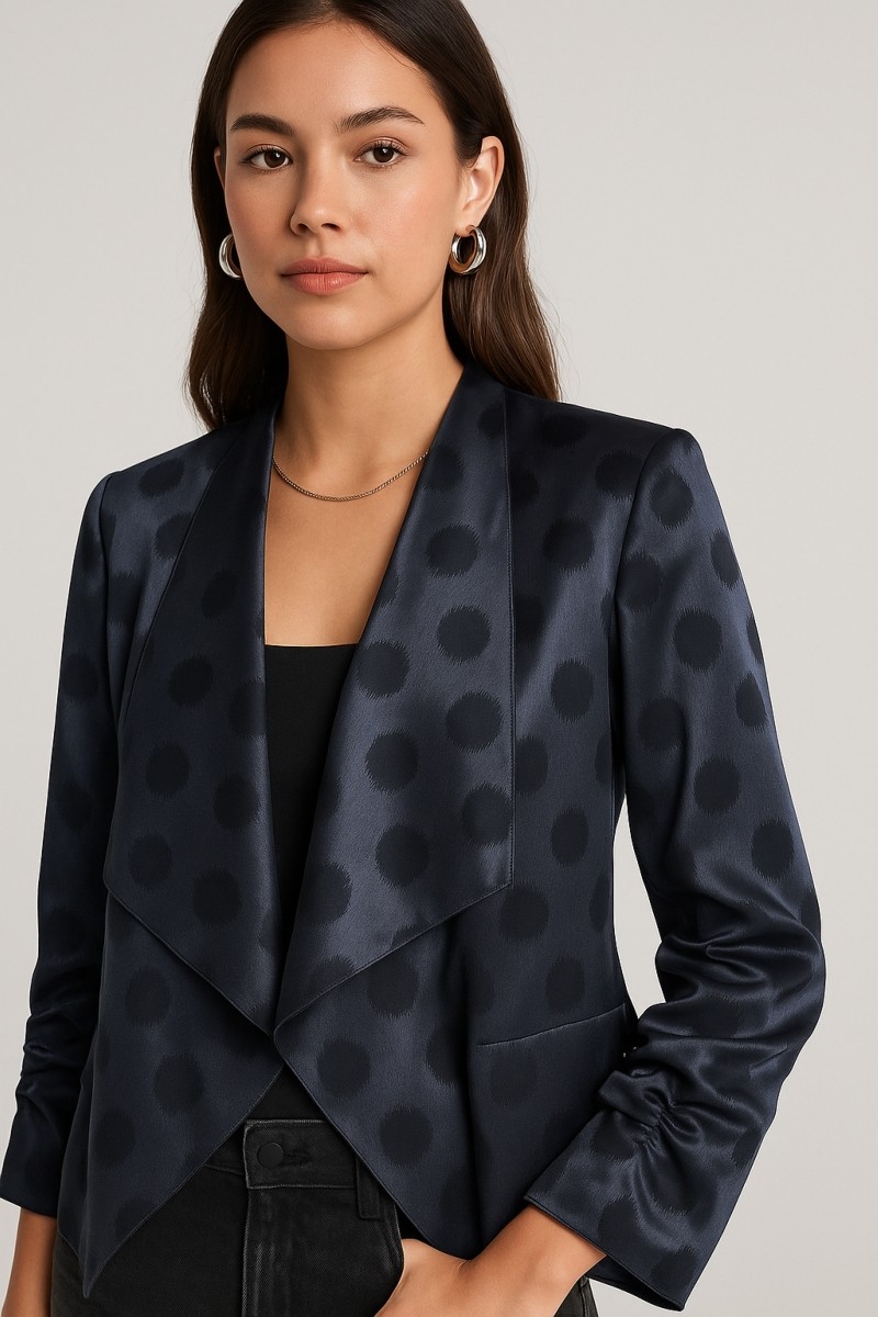 Veste marine ouverte en satin à pois