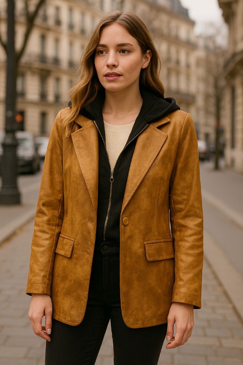 Veste tailleur oversize en faux cuir avec gilet capuche intégré CAMEL