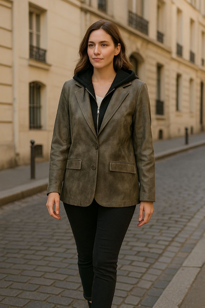 Veste tailleur oversize TAUPE en faux cuir avec gilet capuche intégré
