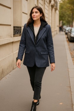 Veste tailleur oversize en faux cuir avec gilet capuche intégré marine