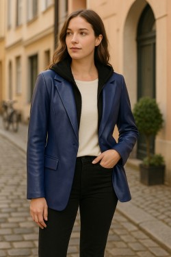 Veste tailleur oversize en faux cuir avec gilet capuche intégré royale