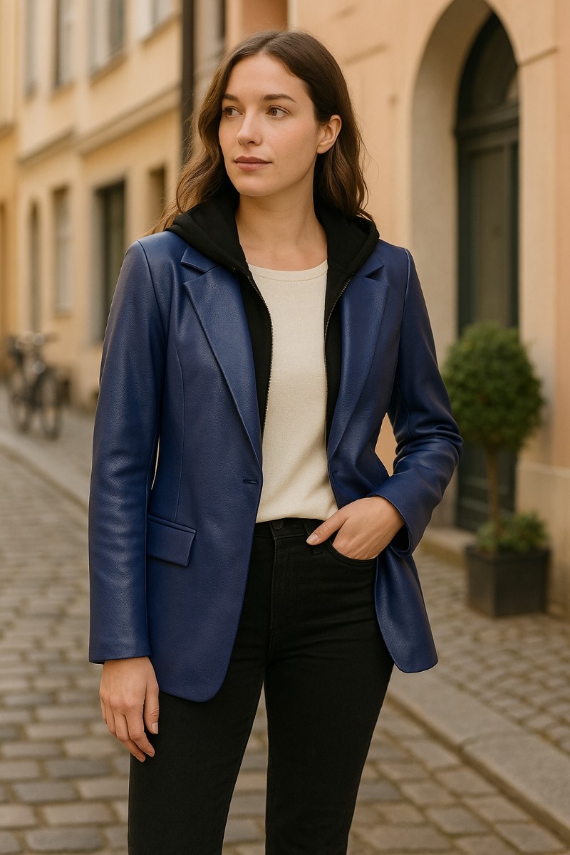 Veste tailleur oversize en faux cuir avec gilet capuche intégré royale