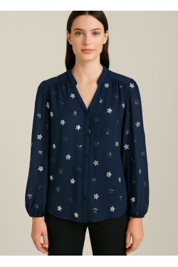 Chemise marine voile manches 3/4 avec étoiles en sequins – Élégance et légèreté