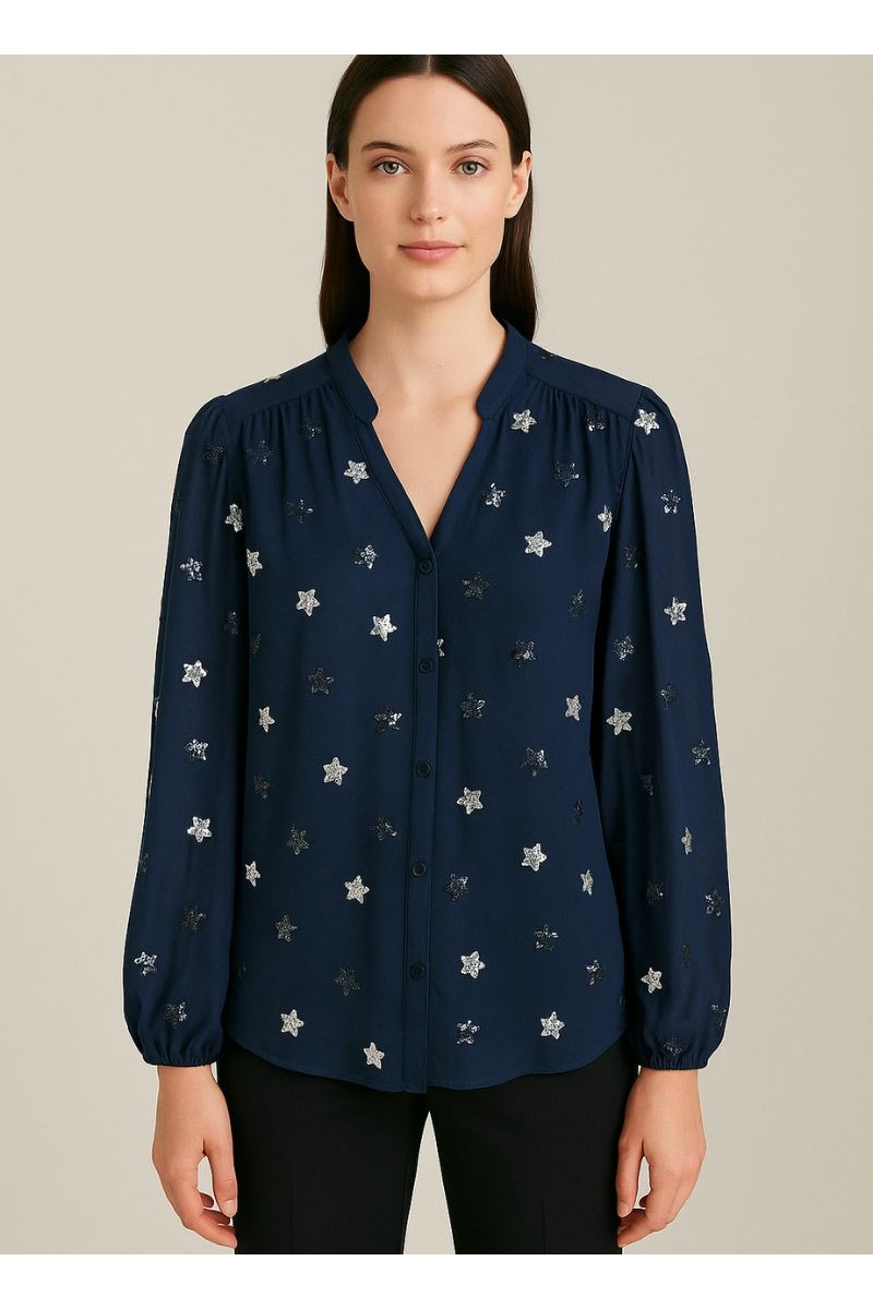 Chemise marine voile manches 3/4 avec étoiles en sequins – Élégance et légèreté