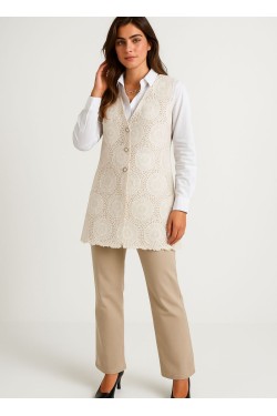 Gilet sans manches bi matière – Fausse fourrure blanche imprimée dorée