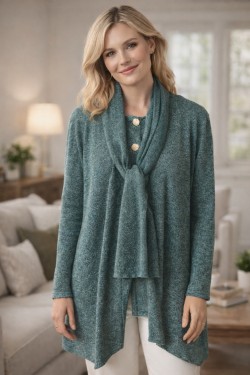 Gilet vert en maille chaude femme – Col châle & épaulettes