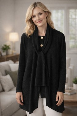 Gilet noir en maille chaude femme – Col châle & épaulettes