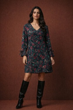 Robe noir imprimé A-line fluide manches nouées