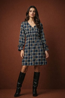 Robe marine imprimé A-line fluide manches nouées